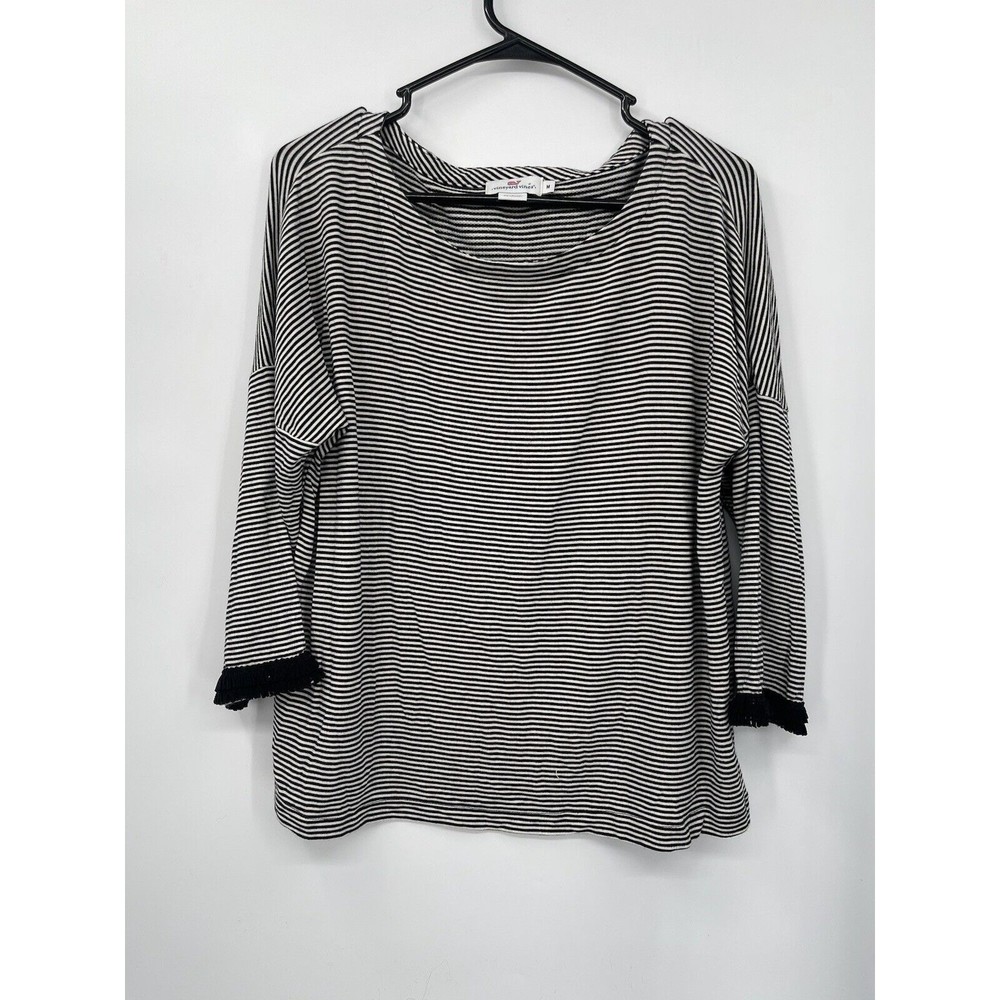 Vineyard Vines Striped Pullover Sweater Women's Size M‎ Black White Fringe Cuff